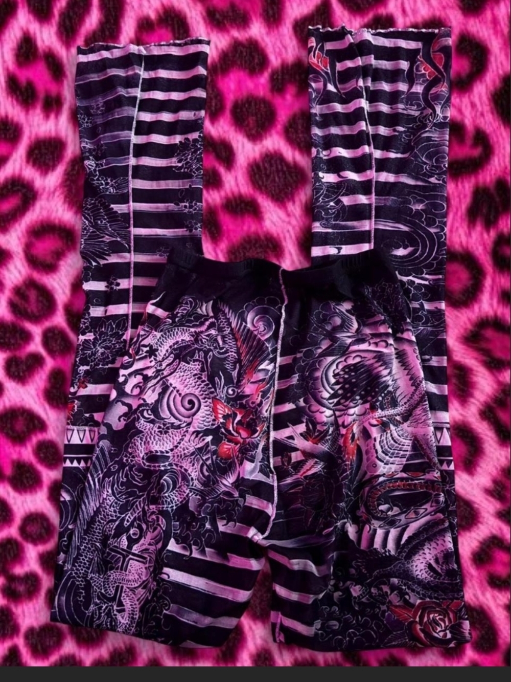 See Through Mesh Pink & Black Dragon Print Leggings Size L